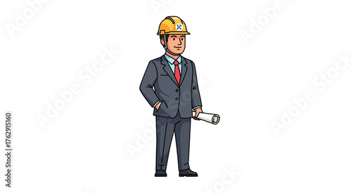 A man in a suit wearing a yellow hard hat while holding a rolledup piece of paper