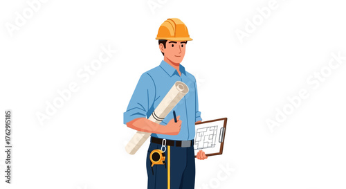 A man wearing a hardhat holding blueprints and a clipboard with building plans