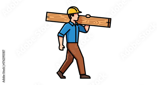 A person with a yellow hard hat carrying a plank of wood