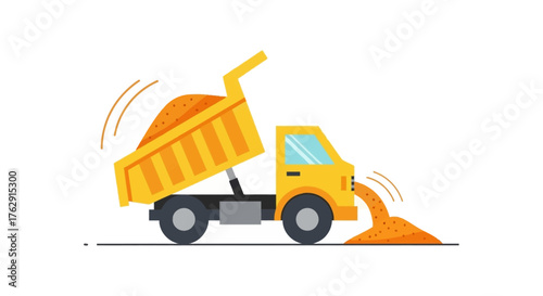 A yellow dump truck is unloading a pile of orange dirt with semicircular motion lines illustrating the dumping of the load