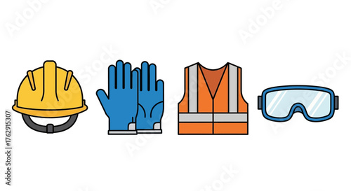 A yellow hard hat blue gloves orange safety vest and blue safety goggles are arranged in a row on a white background