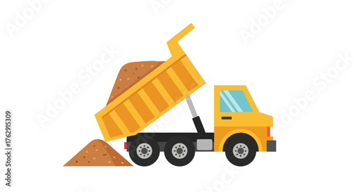 A yellow dump truck tilts its bed to unload a mound of brown dirt onto the ground