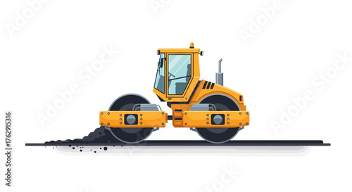 A yellow road roller is shown compacting asphalt on a white background