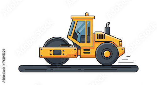 A yellow road roller on a dark gray road with a smokestack and multiple windows