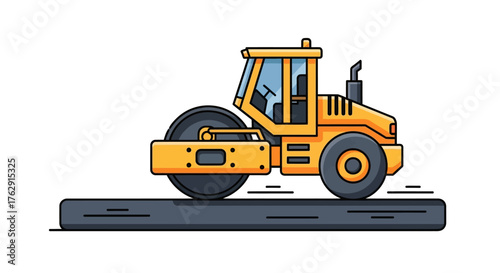 A yellow road roller compacts asphalt on a freshly paved black surface