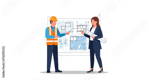 An architect and a builder reviewing blueprints together