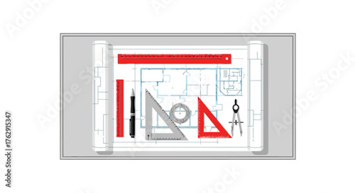 An architects blueprint is unfurled with tools including rulers triangles a compass and a pen laid out on top