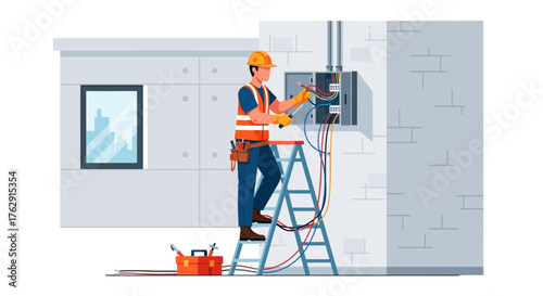 An electrician in safety gear works on wires on a ladder near a toolbox