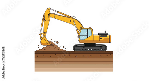 An excavator digs into layered earth illustrated in a cartoon style