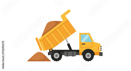 An orange dump truck with its bed raised unloading a pile of dirt