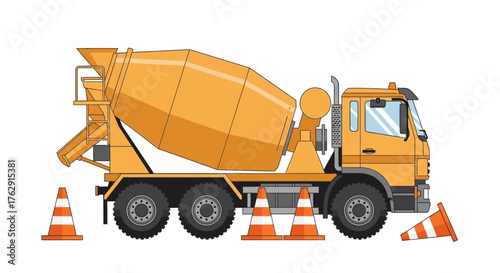 An orange cement truck is near orange and white striped construction cones