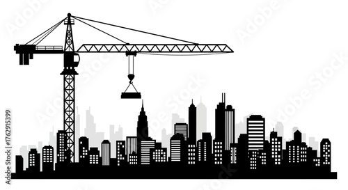 Black silhouette of a city skyline with a crane lifting a heavy object