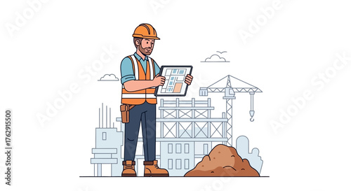 Cartoon engineer examines plans at a construction site