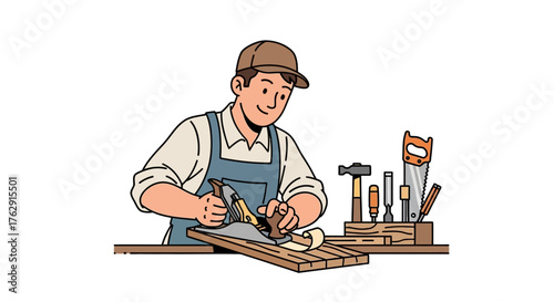 Cartoon drawing of a carpenter planing wood in a workshop