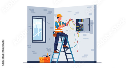 Cartoon electrician clad in PPE atop a ladder handles wiring in a room with a window and toolbox