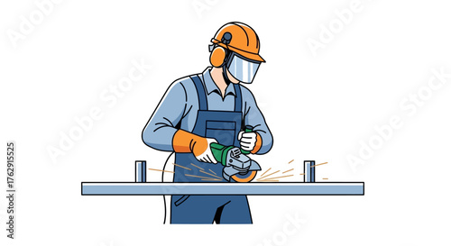 Cartoon man grinds metal wearing hardhat gloves ear protection Sparks fly