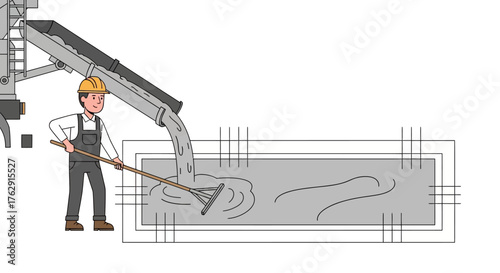 Cartoon of a construction worker raking concrete from a truck into a foundation form
