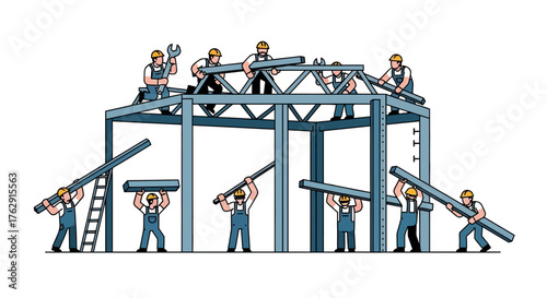 Cartoon shows construction workers building a metal structure