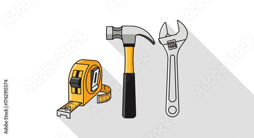 Cartoon style image depicting a tape measure hammer and adjustable wrench with a long shadow