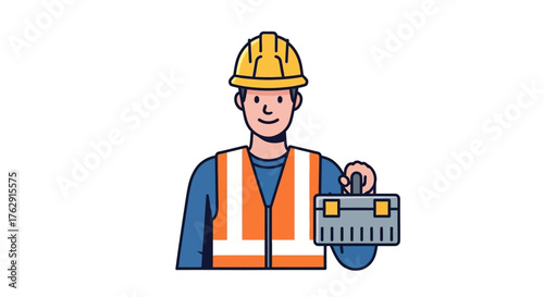 Cartoon tradesman with yellow helmet and toolbox wearing safety vest