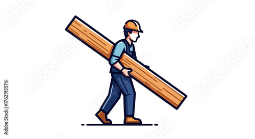 Cartoonstyle construction worker carrying a long wooden plank on their shoulder