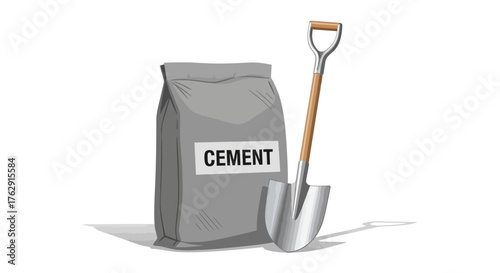 Cement bag  shovel gray bag with CEMENT label shovel with wood handle leaning