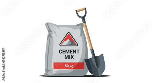 Cement bag with Cement Mix and 50 kg label shovel adjacent on white background