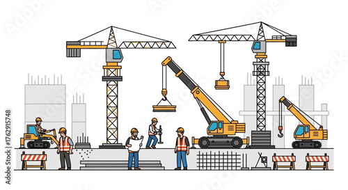 Construction site cranes builders heavy machinery amidst buildings