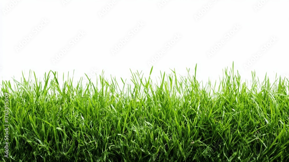 Fototapeta premium Lush green grass blades against a pure white background close up view lawn