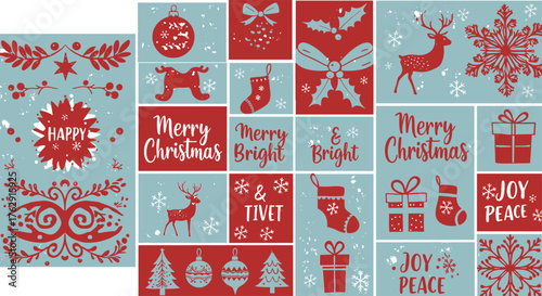 Red and blue Christmas holiday collage with festive ornaments and text vector