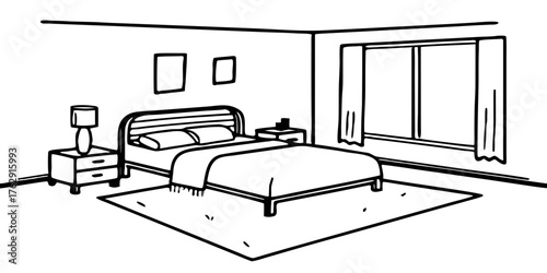 Bedroom interior design bed furniture nightstand lamp rug window curtains pillows frames minimalist style home decor