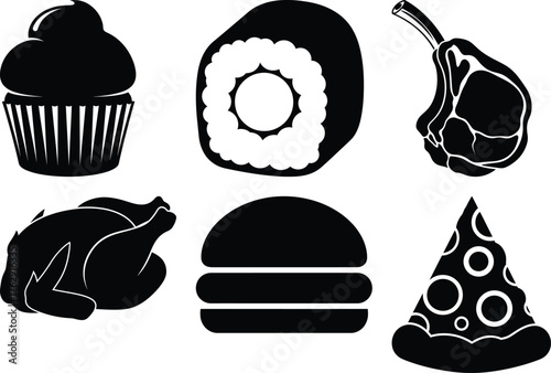 Black silhouette icons of food items including cupcake sushi steak burger chicken pizza white