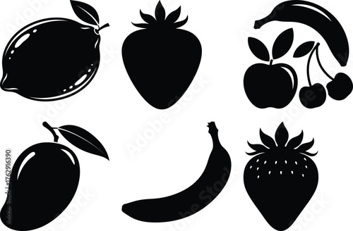 Black silhouette icons of lemon strawberry mango banana apple cherries fruit food