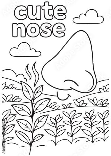 coloring book cute nose smelling leaves in garden, learning to enjoy nature scent