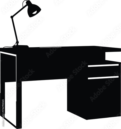 Black silhouette of a desk with an adjustable lamp and drawers furniture light
