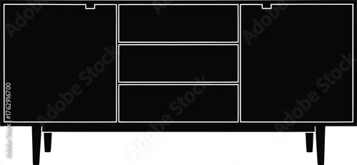 Black silhouette of a mid century modern sideboard with drawers and doors dresser cabinet