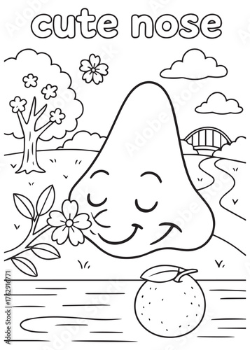 coloring book cute nose smelling orange flower near river, nature and fruit scent scene