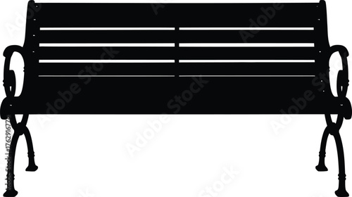 Black silhouette of a park bench with ornate legs white