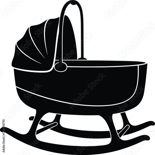 Black silhouette of a rocking baby bassinet with canopy and handle cradle crib
