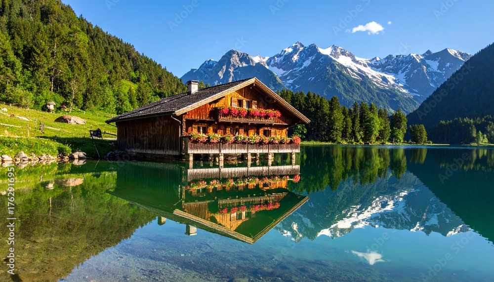 Naklejka premium Traditional Austrian Mountain Hut - Alpine Lake Reflection with Snow Peaks in Tyrol