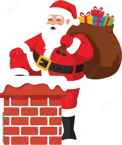 Santa claus with gifts bag on the roof chimney at christmas eve on white background