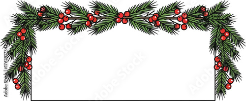 Festive christmas frame with pine branches and red berry accents on white background