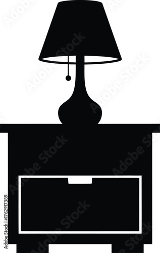 Black silhouette of a table lamp on a nightstand with drawer furniture