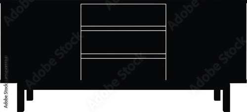 Black silhouette of a three-tiered shelf unit on legs white shelves