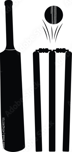 Black silhouette of cricket bat stumps and ball in motion wicket