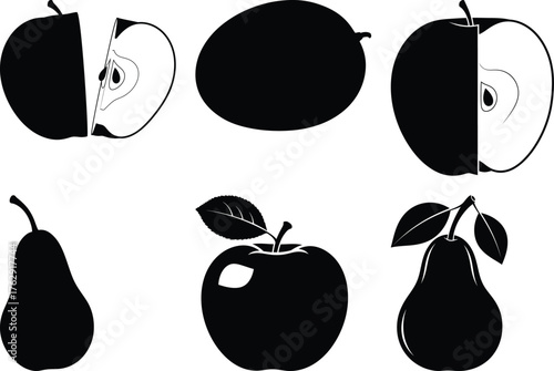 Black silhouette of apples and pears whole and cut on white background fruit