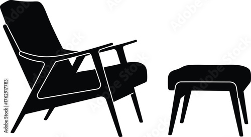 Black silhouette of modern armchair and ottoman on white background furniture