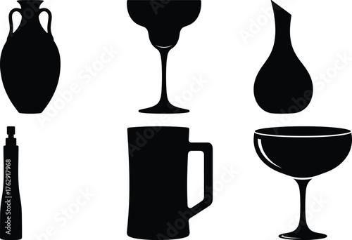 Black silhouettes of six different glass and vase shapes on white background vector