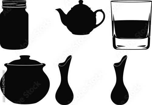 Black silhouettes of kitchenware including jar teapot sugar bowl and glass vector