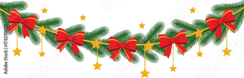 Festive christmas garland with red bows and golden stars design on white background